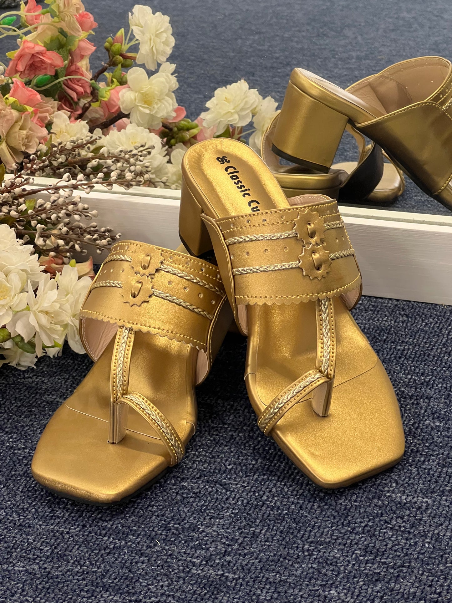 Kolapuri Block Heels - Golden