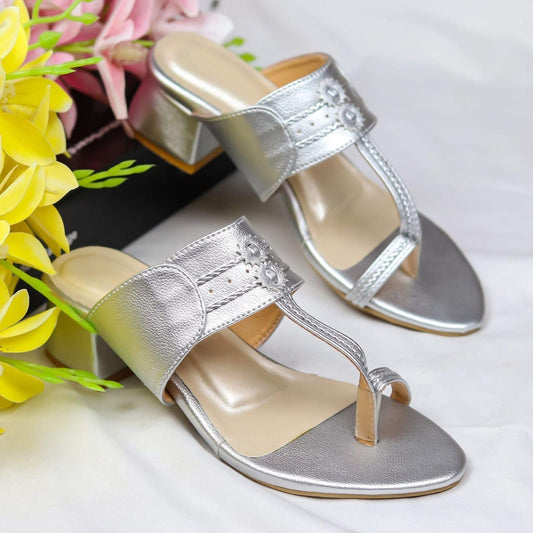 Kolapuri Block Heels - Silver