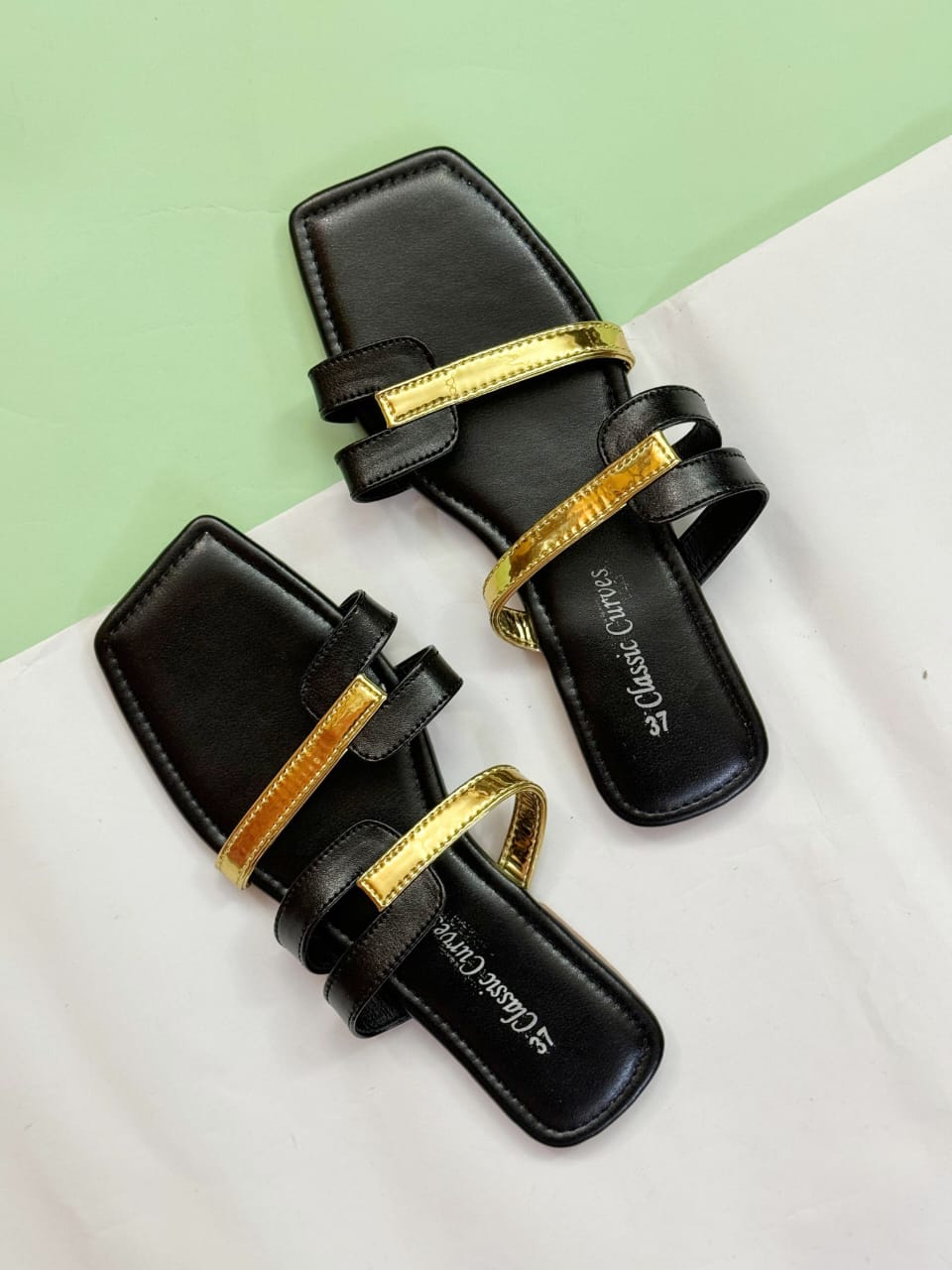 Basic Flats with gold straps - Black