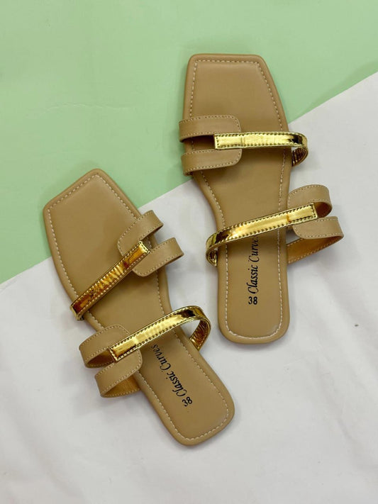 Basic Flats with gold straps - Nude